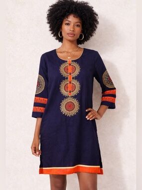Afrocentric Dashiki Tunic Dress Navy Embroidered Boho Festival Kaftan Size 40 M
